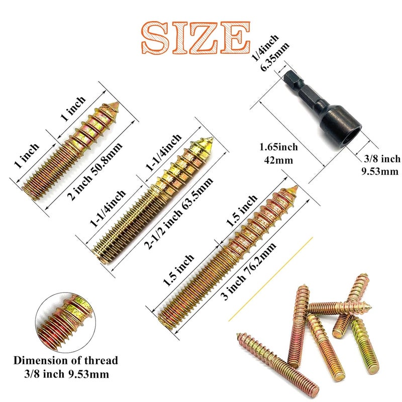 Matrelt 16Pack 3/8-16" Hanger Bolts 3Sizes 2-3 Inch Include1 pcs Hanger Bolt Driver Double Headed Bolts Wood Dowel Screw Self-Tapping Screw Hanger Bolts for Furniture Screws Wood Screws Threaded Rods Bolt - Image 2